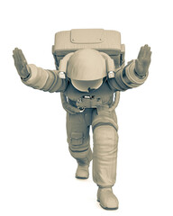 astronaut is pushing on white background front view