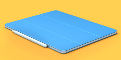 Computer tablet with blue cover case and pencil isolated on orange background.