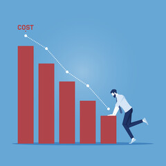 Cost reduction management concept, businessman lowers graph of cost, declining chart