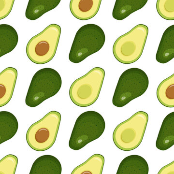 Seamless pattern with halves and a whole avocado in a tilt. Avocado pattern. Vector image