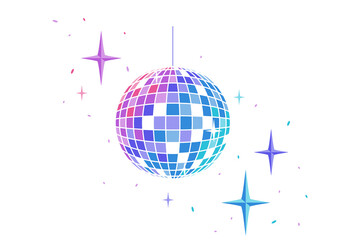 Mirror ball for disco, dance club, party. Bright colored rotating disco ball with glare of light on a white background. Vector illustration - eps10. - obrazy, fototapety, plakaty