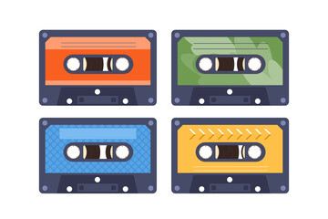 Set of four music tape cassettes. Vector illustration - retro audio cassettes isolated on a white background. Flat style front side.