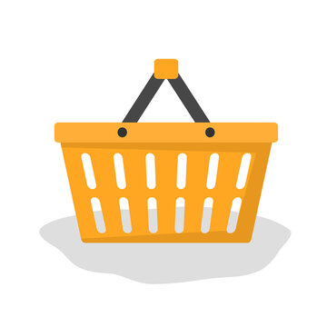 Flat icon illustration of empty plastic grocery cart, self service store equipment. Grocery shopping, sale, department store. Vector on white background.