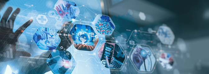 Doctor with virtual globe  healthcare network connection concept.Science and medical innovation technology future sustainable smart services and solutions in global research networks. - 489415119
