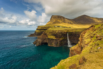 View of Mulafossur Waterfall, Faroe Islands.