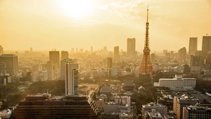 Poster Im Rahmen Tokyo Tower with skyline in Tokyo, Japan. Japanese landmark and modern cityscape during sunset. © zephyr_p