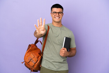 Handsome student man over isolated background happy and counting four with fingers