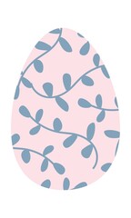 Gently pink Easter egg decorated with blue twigs. Colorful flat vector illustration. Clipart. Isolated element.	