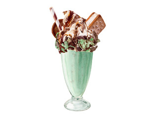 Mint chocolate milkshake with straw, ice cream and cookies watercolor hand drawn illustration isolated on white background.