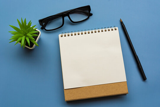 Notepad with notepad, potted plant, pen and glasses. Flat lay.