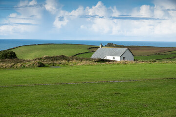 Obraz premium Landscape showing a white house among green fields with sea on the horizon