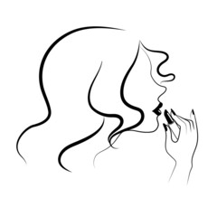 Doodle-style vector illustration. Woman dyes her lips or puts on makeup. Cosmetics logo