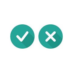 Set of check mark icons. rounded blue tick and cross in circle.