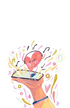 Ilustración de mano con celular y corazón alegre bailando, escuchando música