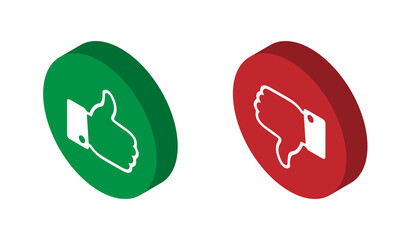 Isometric button of like and dislike symbols. Thumbs up and thumbs down gestures. Vector illustration isolated on white background.
