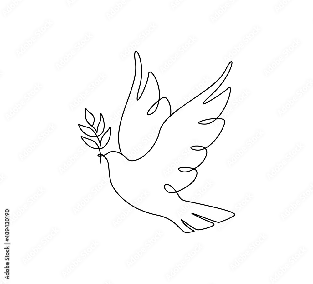 Leinwandbilder One continuous line drawing of dove of peace flying with olive twig. Bird and branch symbol of peace and freedom in simple linear style. Pigeon icon. Doodle vector illustration