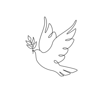 One continuous line drawing of dove of peace flying with olive twig. Bird and branch symbol of peace and freedom in simple linear style. Pigeon icon. Doodle vector illustration