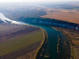 Aerial View of river and fields. Nature, landscape. 