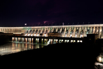 Close-up to the Itaipu Hydroelectric Dam at night.