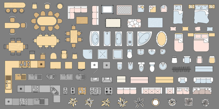 Set of Furniture top view. Colored Objects and elements for interior design of apartment, living room, bedroom, kitchen, bathroom. Kit of isolated icons for blueprint. Vector Illustration. Floor plan
