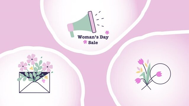 4k video of cartoon International Woman's Day icons on pink background.