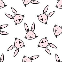 pattern of pink rabbit head. seamless pattern from the head of a cute Easter bunny in cartoon style in pink, black outline randomly positioned on white for a design template