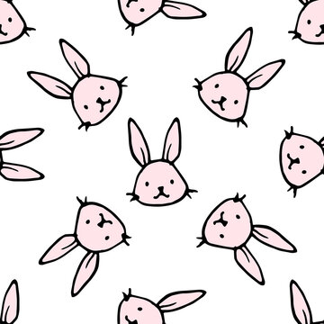 pattern of pink rabbit head. seamless pattern from the head of a cute Easter bunny in cartoon style in pink, black outline randomly positioned on white for a design template