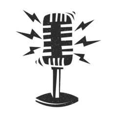 Vintage black and white splatter microphone icon. Pictogram for web page, mobile app, promo. UI UX GUI design