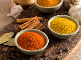 Indian spices on wooden background.
