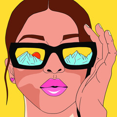 Girl in sunglasses. Reflection of mountains in glasses. Vector illustration