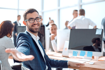 successful businessman inviting you to his office