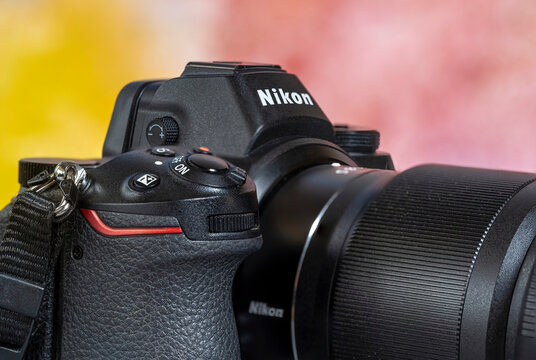 Berlin, Germany - February 21, 2022: View to the front of a camera with controls.