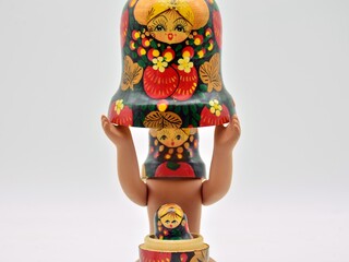 Muñecas rusas, matrioskas, puestas de diferentes formas, aislado sobre blanco