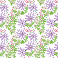 watercolor painting seamless pattern with clematis flowers, green leaves, berries