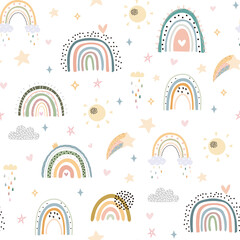 Nice baby neutral bohemian rainbows seamless pattern. Trend rainbows surface. Boho rainbows for baby shower invitations, cards, nursery room, posters, fabric. - obrazy, fototapety, plakaty