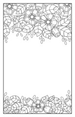 Contour floral pattern, hand-drawn flowers, leaves and twigs with berries. Black and white stylized pattern.
