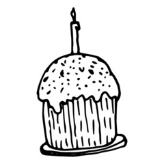 easter cake icon with a burning candle with sprinkles of dots on top, hand-drawn in a doodle style, with a black line on white for a design template Vector isolated illustration of the Easter symbol,