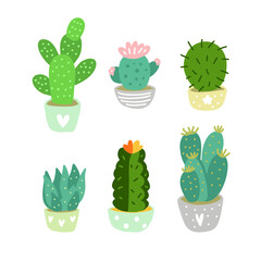 Cute cactus set. Cartoon succulents cacti collection. Hand drawn vector illustration