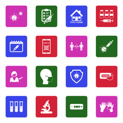COVID 19 Icons. White Flat Design In Square. Vector Illustration.
