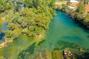 Manavgat waterfall. Manavgat river. Attractions around Side. Manavgat. Turkey. Antalya. View from above. aerial photography