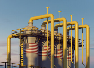Natural gas tank in gas factory with American flag