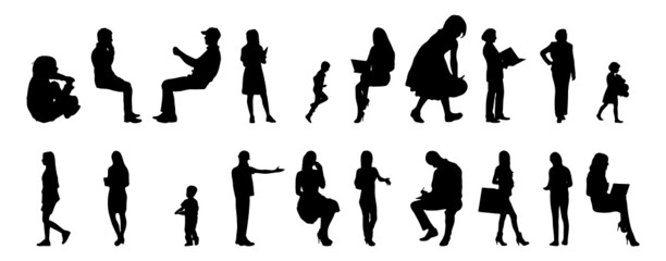 Vector silhouettes, Outline silhouettes of people, Contour drawing, people silhouette, Icon Set Isolated, Silhouette of sitting people, Architectural set	