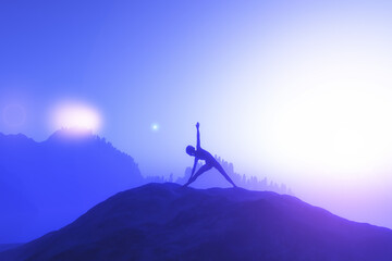 3D female in yoga position on mountain against a sunset sky