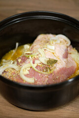Meat in pan with garlic