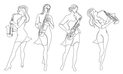 Fototapeta na wymiar Collection. Silhouette of a beautiful woman playing the saxophone in continuous modern style. Saxophonist girl, slim. Aesthetic decor sketches, posters, stickers, logo. Set of vector illustrations.