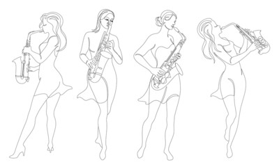 Collection. Silhouette of a beautiful woman playing the saxophone in continuous modern style. Saxophonist girl, slim. Aesthetic decor sketches, posters, stickers, logo. Set of vector illustrations.