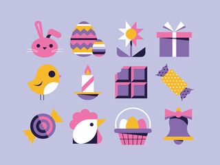 Easter Icon Set with Bunny, eggs and chocolate.