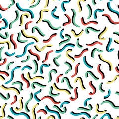 Memphis wallpaper with abstract shapes - squiggly yellow green red blue lines. Seamless pattern. Vector illustration.
