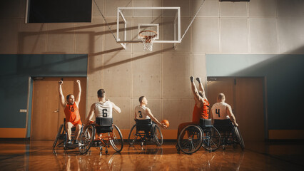 Wheelchair Basketball Game: Professional Players Competing, Dribbling Ball, Passing, Shooting it Successfully, Scoring a Goal. Celebration of Determination, Skill, Speed of People with Disability