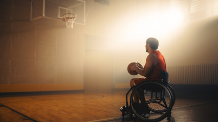 Wheelchair Basketball Player Wearing Red Uniform Holding Ball, Prepairing to Score a Perfect Goal....